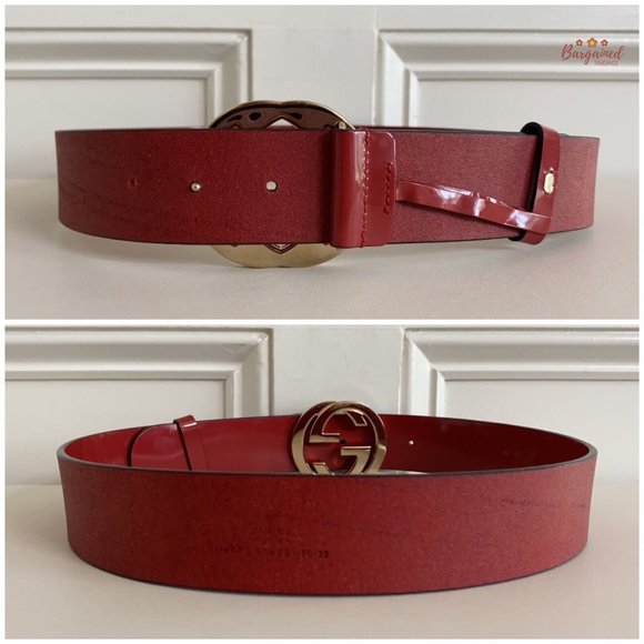 Authentic GUCCI Red Glossy Leather Gold Interlocking G Buckle Belt 80/32 - Picture 6 of 13